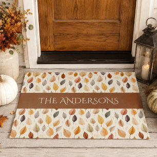 Rust Brown Cream Grey Fall Leaves Family Name Doormat