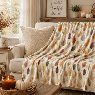 Rust Brown Cream Grey Fall Leaves Modern Farmhouse Fleece Blanket
