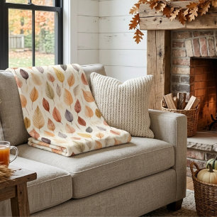 Rust Brown Cream Grey Fall Leaves Modern Farmhouse Fleece Blanket