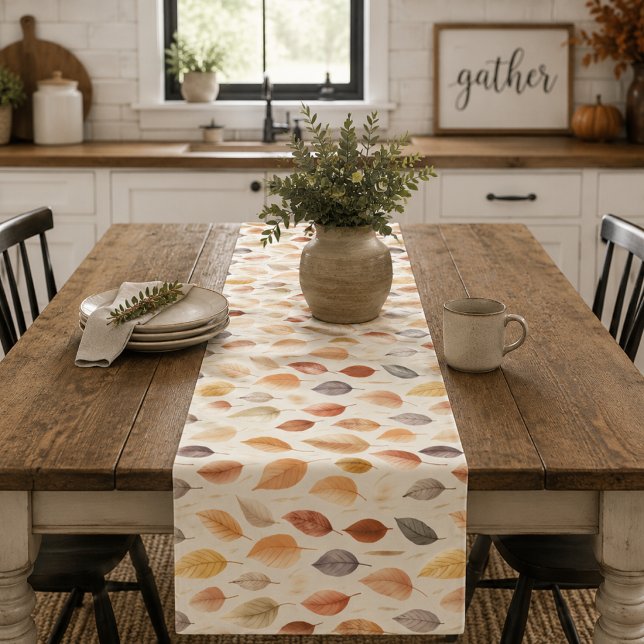 Rust Brown Cream Grey Fall Leaves Modern Farmhouse Short Table Runner (Creator Uploaded)