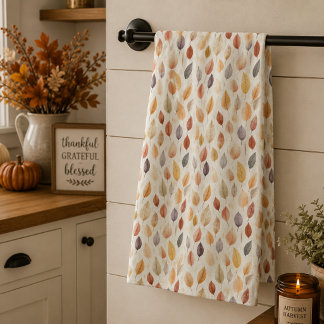 Rust Brown Cream Grey Watercolor Fall Leaf Pattern Tea Towel