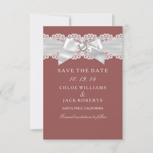 Rust Brown Damask & Pearl Bow Save The Date (Front)