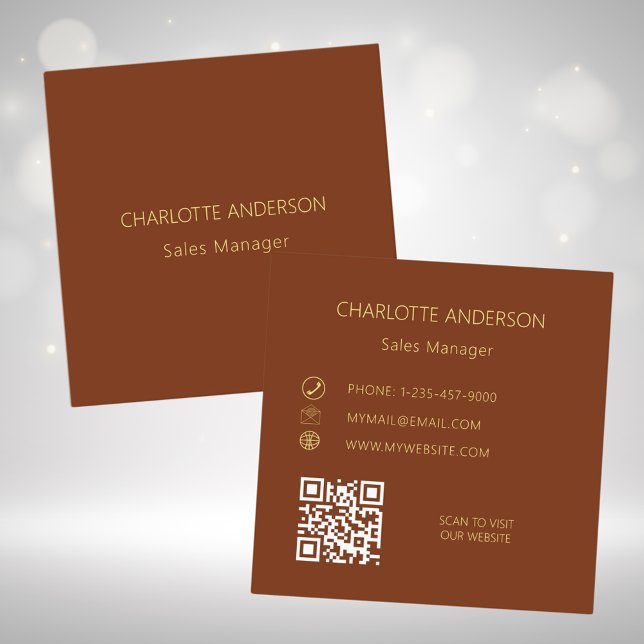 Rust brown elegant minimalist QR code Square Business Card (Creator Uploaded)