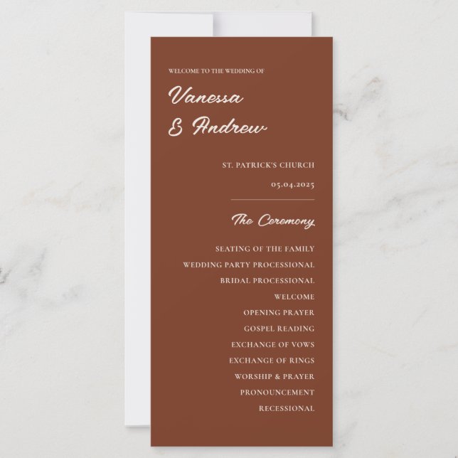 Rust Brown Elegant Modern Wedding Ceremony Card (Front)