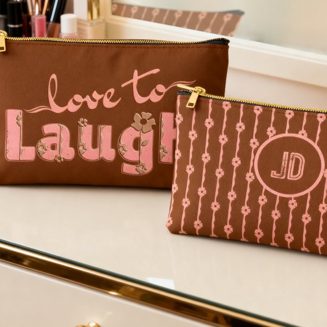 Rust Brown & Peach Large Text With Flowers Accessory Pouch (Cute two-sided hand drawn slogan in rusty brown with flower accents and custom initials on the back.)