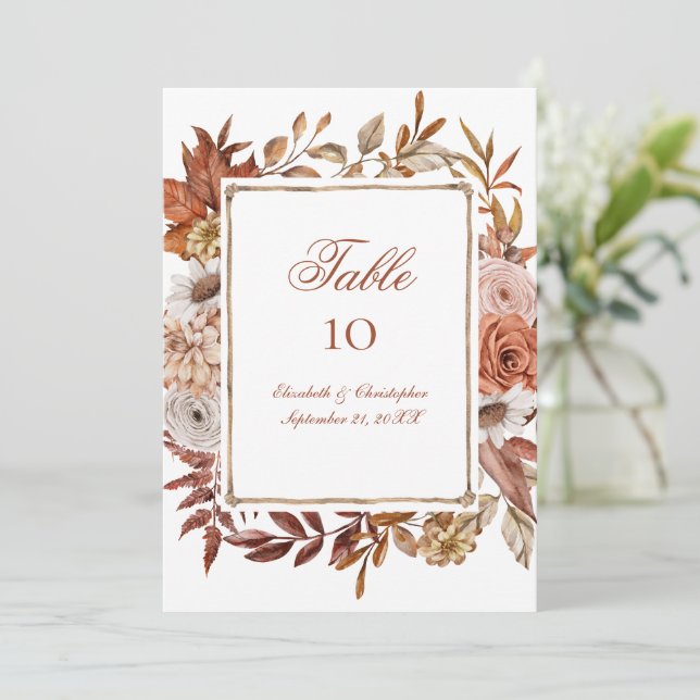 Rust Brown Peach Pink Floral Wedding Table Cards (Standing Front)