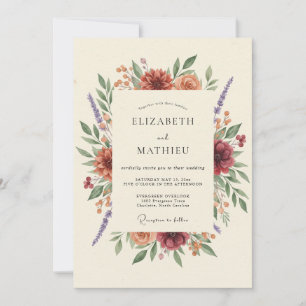 Rust Burgundy Zinnia Eucalyptus Wedding Invitation