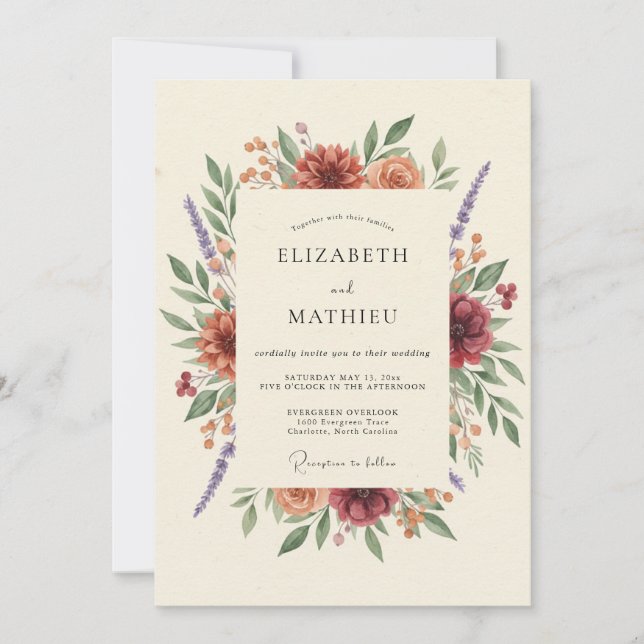Rust Burgundy Zinnia Eucalyptus Wedding Invitation (Front)