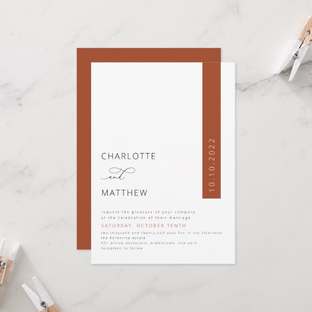 Rust, Burnt Orange, Fall Minimalistic Wedding  Invitation (Front/Back In Situ)