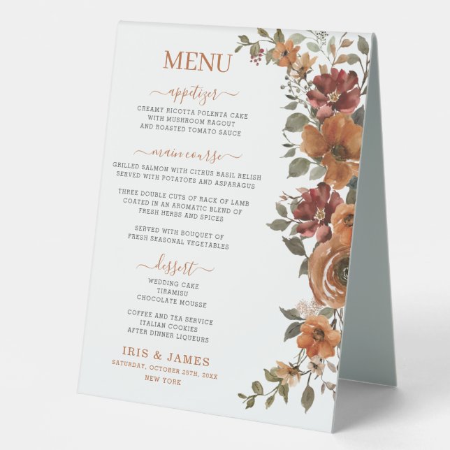 Rust Burnt Orange Floral Fall Wedding Dinner Menu  (Front)