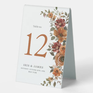 Rust Burnt Orange Floral Fall Wedding Table Number