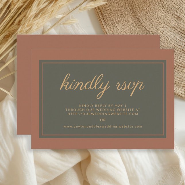 Rust Burnt Orange Olive Green Kindly RSVP  (Terracotta/burnt orange and dark olive/sage green wedding RSVP card)