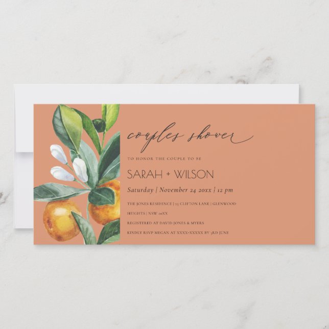 Rust Citrus Orange Botanical Couples Shower Invite (Front)
