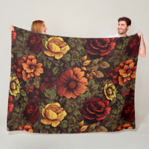 Rust Color Vintage Floral Print Fleece Blanket