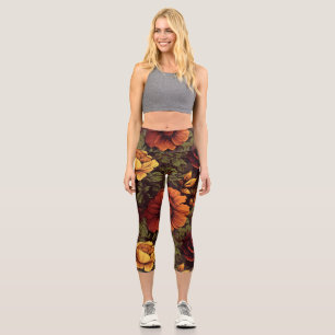 Rust Colour Vintage Floral Print Capri Leggings