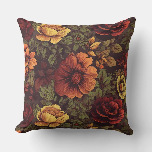 Rust Colour Vintage Floral Print Cushion (Front)