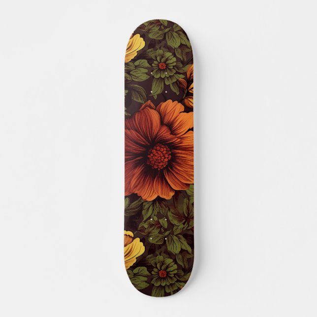 Rust Colour Vintage Floral Print Skateboard (Front)