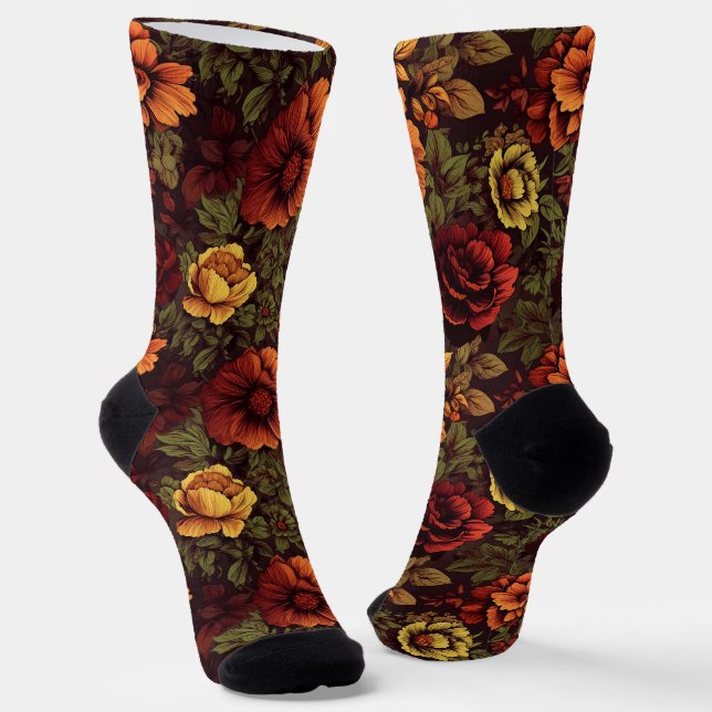 Rust Colour Vintage Floral Print Socks (Angled)