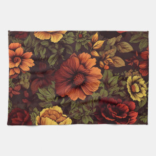 Rust Colour Vintage Floral Print Tea Towel