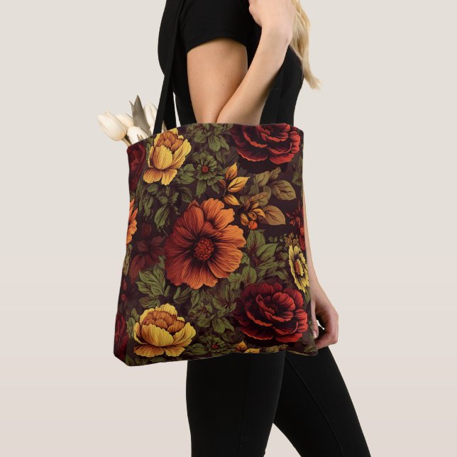 Rust Colour Vintage Floral Print Tote Bag (Close Up)