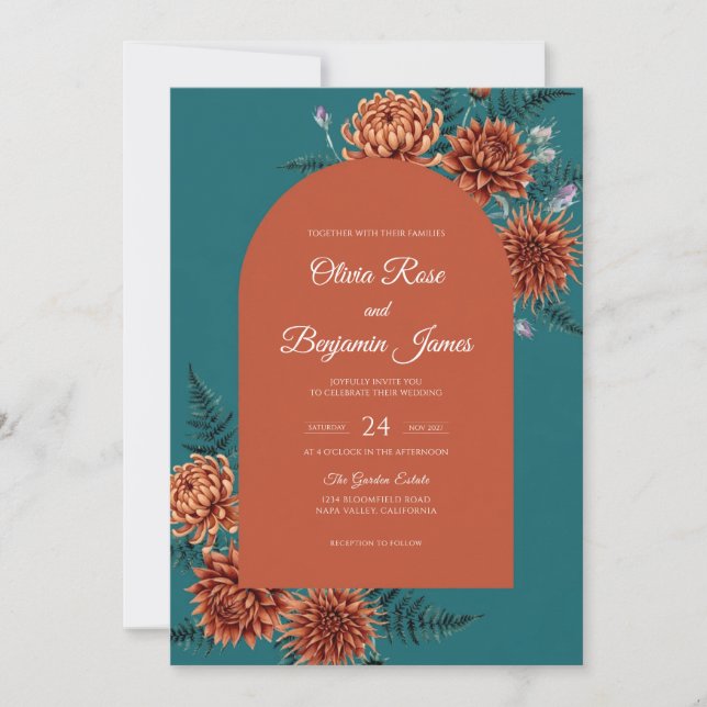 Rust Copper Dahlia Wedding Invitation (Front)