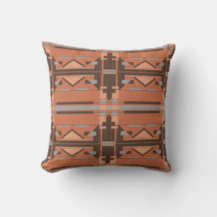 Rust Coral Grey Brown Symmetrical Tile-like Design Cushion