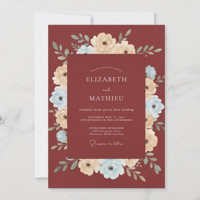 Rust Cream Blue Floral Wedding Invitation (Front)