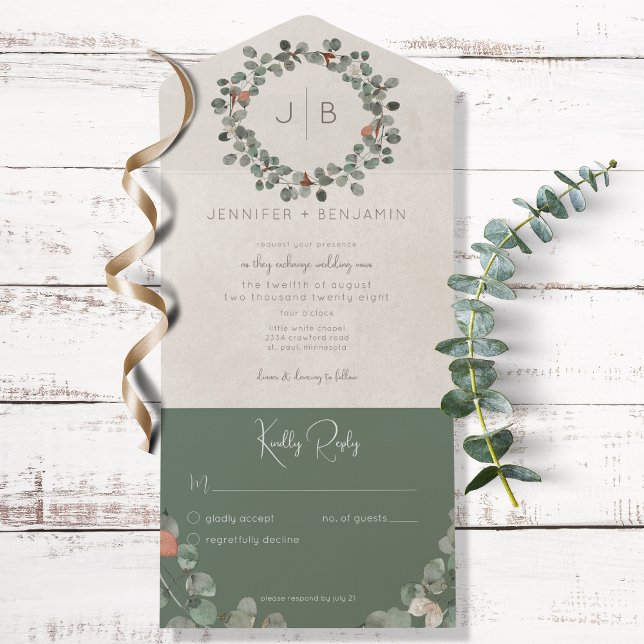 Rust & Dark Sage Green Eucalyptus Modern No Dinner All In One Invitation (Creator Uploaded)