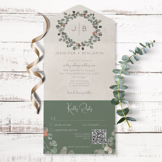 Rust & Dark Sage Green Eucalyptus Modern QR Code All In One Invitation (Creator Uploaded)