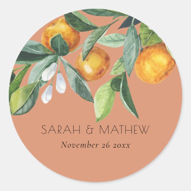 Rust Elegant Citrus Orange Botanical Boho Wedding Classic Round Sticker (Front)