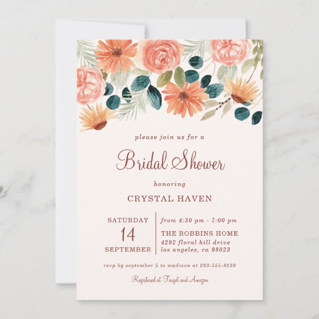 Rust Fall Floral Field Flower Autumn Bridal Shower Invitation (Front)