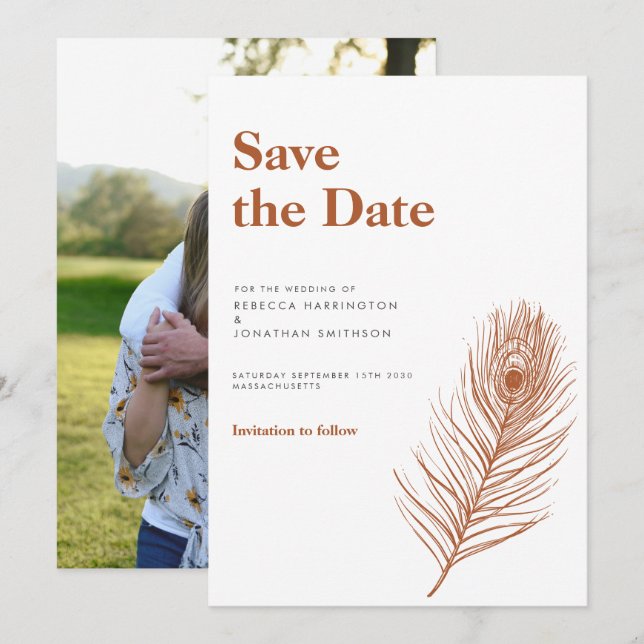 Rust Feather Terracotta Wedding Save The Date Invitation (Front/Back)
