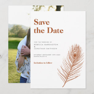 Rust Feather Terracotta Wedding Save The Date Invitation
