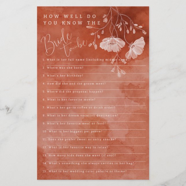 Rust Floral Bridal Shower Game Card (Front)