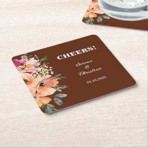 Rust Floral Cheers Square Paper Coaster