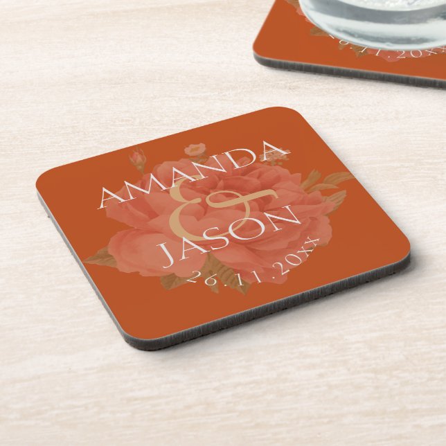 Rust Floral Cute Pretty Terracotta Wedding Party Coaster (Left Side)