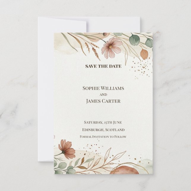 Rust Floral Greenery Save The Date Card (Front)