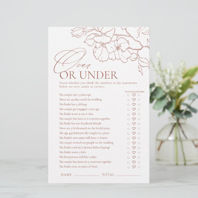 Rust floral Over or Under bridal shower game (Standing Front)