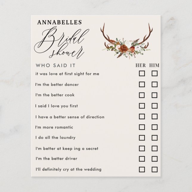 rust floral rustic bridal shower who said it game (Front)