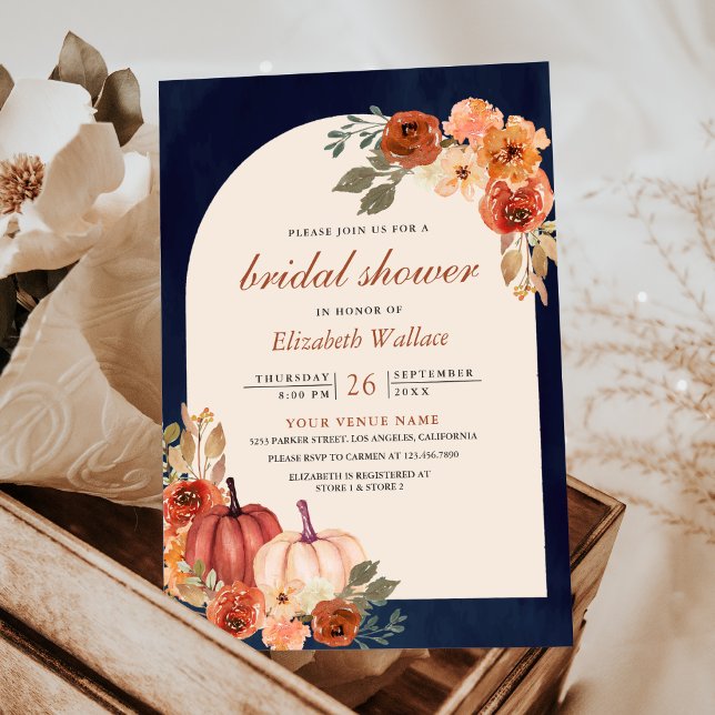 Rust Floral Terracotta Pumpkin Navy Bridal Shower Invitation (Creator Uploaded)