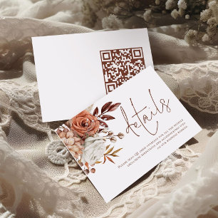 Rust Florals Brown Script QR Code Wedding Details  Enclosure Card