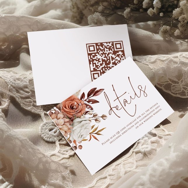 Rust Florals Brown Script QR Code Wedding Details  Enclosure Card (front and back view)
