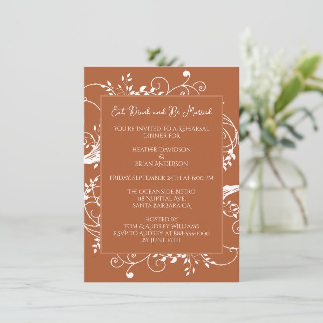Rust Flourish Rehearsal Dinner Invitation (Standing Front)