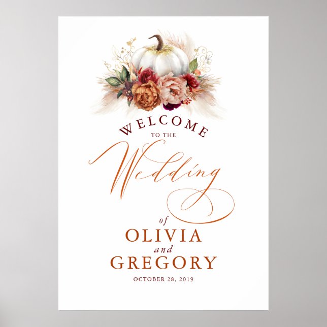 Rust Flowers and Pumpkins Wedding Welcome Poster (Front)
