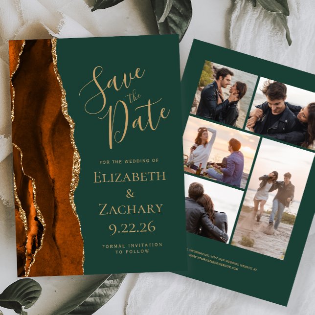 Rust Gold Agate 5-Photo Green Save the Date Card (Creator Uploaded)