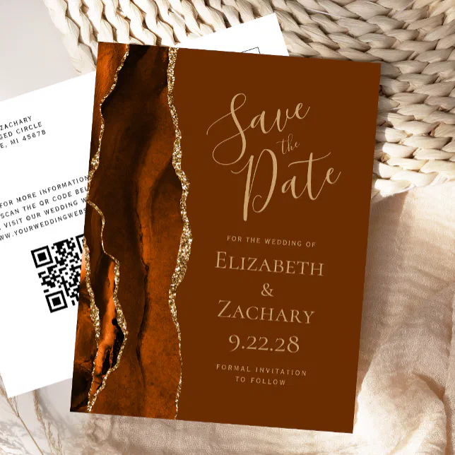 Rusty Gold Code Rust Gold Agate Brown QR Code Save the Date Announcement Postcard | Zazzle