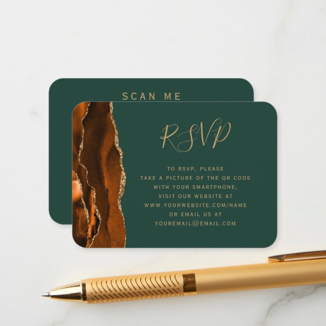 Rust Gold Agate Dark Green Wedding QR Code RSVP  Enclosure Card (Front/Back In Situ)
