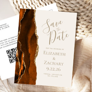 Rust Gold Agate Ivory QR Code Save the Date Announcement Postcard