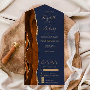 Rust Gold Agate Navy Blue Meal Options Wedding All In One Invitation