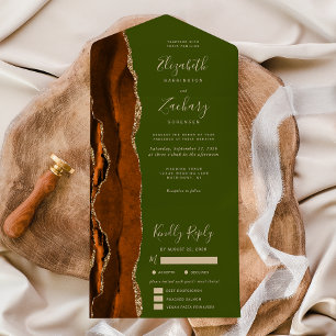 Rust Gold Agate Olive Green Meal Options Wedding All In One Invitation